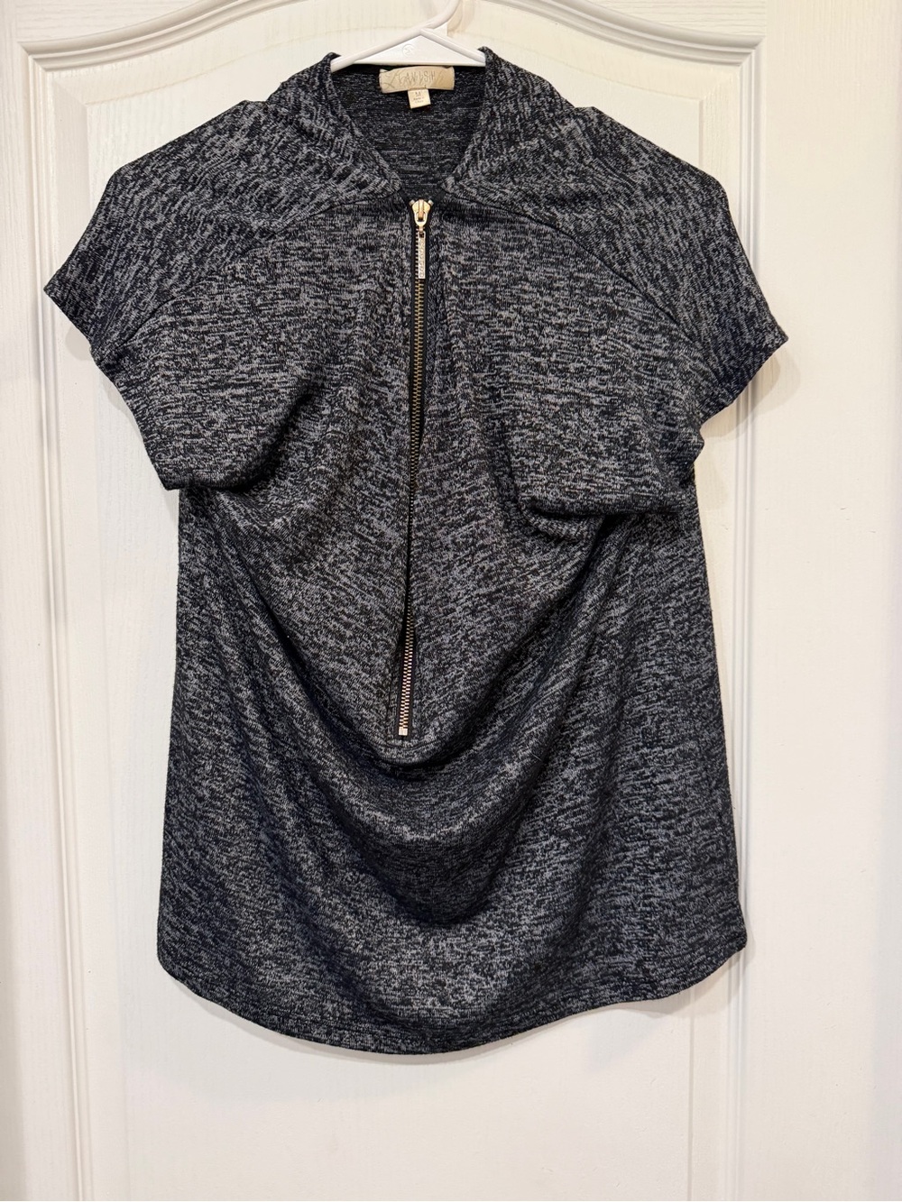 Lavish M Gray Black Marled Draped Cowl Neck Zip Front Tunic Top